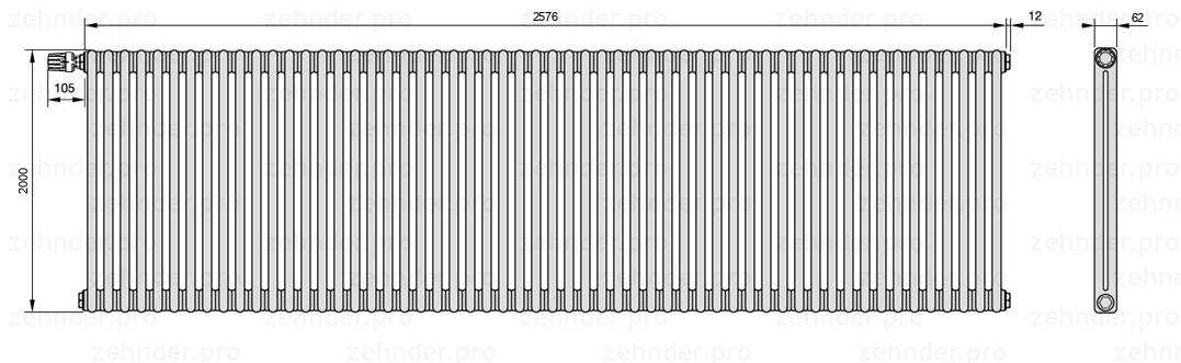 Схема (чертеж) Радиатор Zehnder Charleston 2200/56 №V011 Белый глянцевый RAL 9016